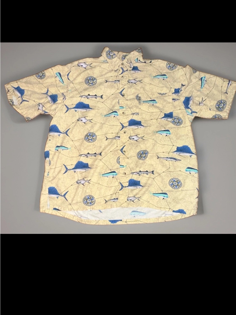 Columbia Mens PFG Fish Print Short Sleeve Button-Up Shirt XXL Beige Blue